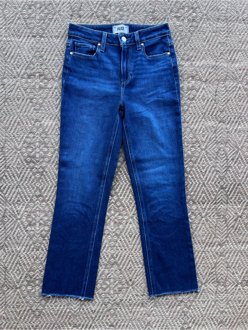 Paige Cindy Straight Ankle Jeans Foreign Film Dark Wash Raw Hem Size 26
